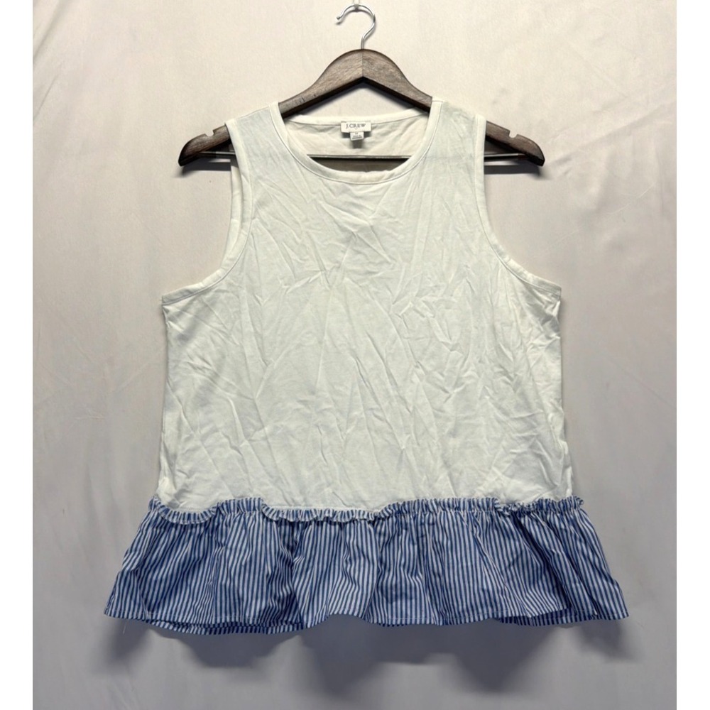 J.Crew Tank Top Women's Medium White Blue Striped Woven Hem Peplum Round Neck